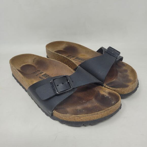 Birkenstock Madrid Sandals EU37 US6 Black Leather Slip On Slides Comfort - Picture 1 of 10